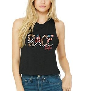 Women's Black Graphic Race Life Crop Tank Top